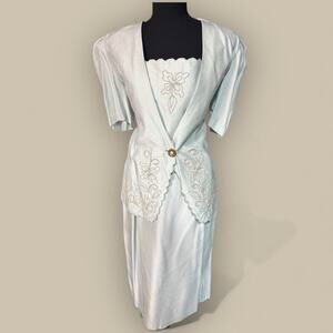 Vintage Le Art Light Blue Skirt Suit 80s 90s Shoulder Pads Embroidered Size 12